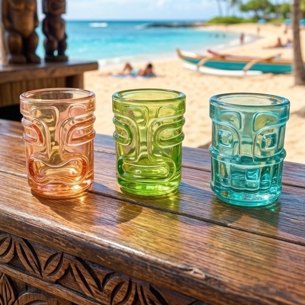 Vintage Style Tiki Shot Glasses Set of 3 Colorful Totem Face Glassware Barware